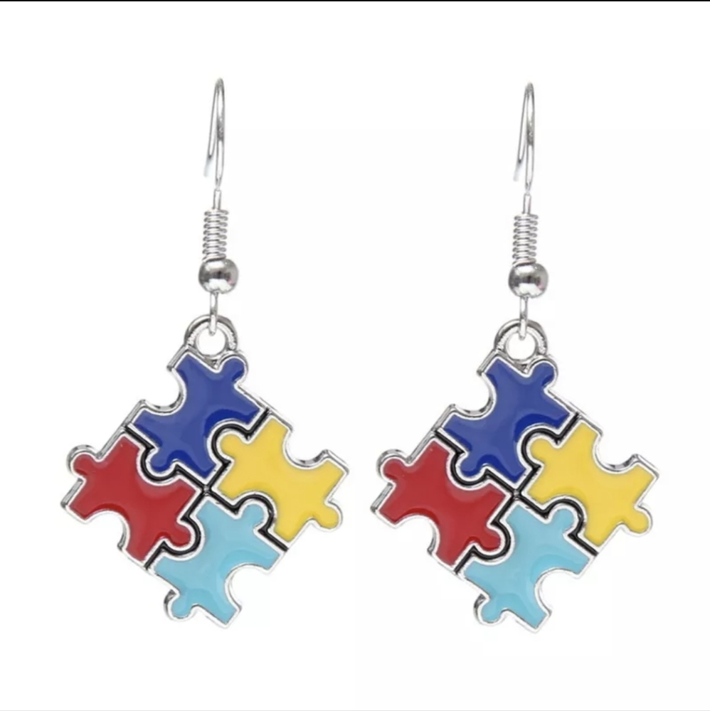 New Silver Autism Awareness Puzzle Piece Charm Earrings - Matches Necklace